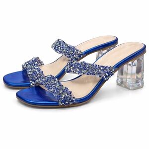 Blue Rhinestone Sandals Clear Acrylic Block Heel Slide Sandals Size 39